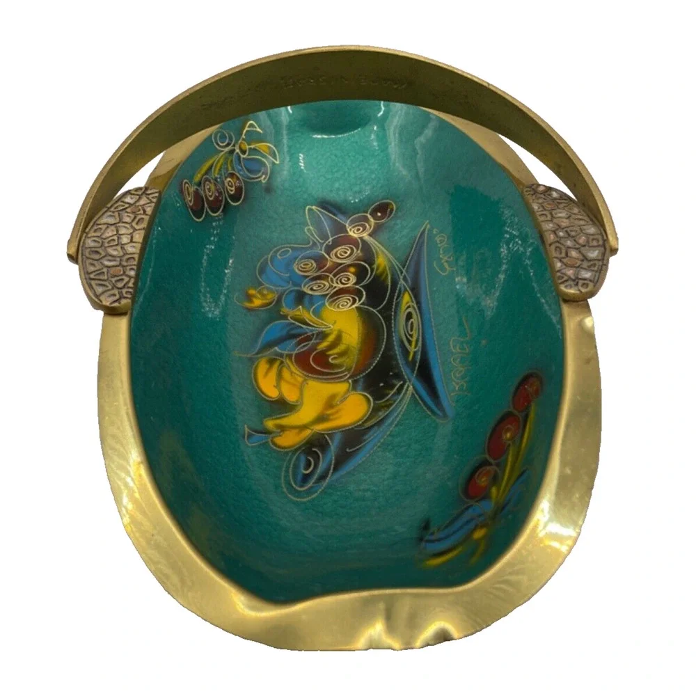 Vintage 1960s Brass Turquoise Enamel Basket With Handle Signed Made in Israel